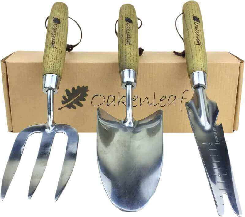 Oakenleaf 3 Piece Garden Hand Tool Set Extra Large Stainless Steel with Timber Handles Trowel Fork and Multitool