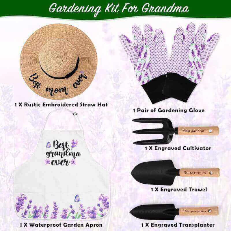 Percozzi Grandma Gifts Lavender Gardening Tools Kit Planting Hand Tools Straw Hat Floral Apron Glove Women Valentines Day for Her Grandmother Plant Lover Outdoor Yard Lawn Supplies