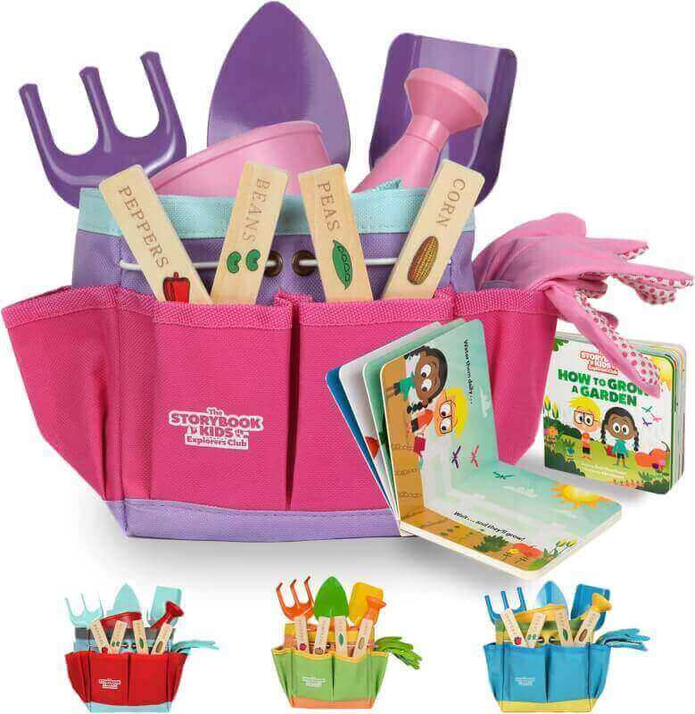 Pink Kids Gardening Tools - Includes Sturdy Tote Bag, Watering Can, Gloves, Shovels, Garden Stakes, and a Delightful Childrens Book How to Garden Tale - Kids Garden Tool Set for Toddler Age on up.