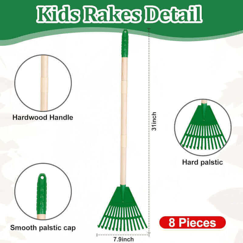 Therwen 8 Pcs Kids Rake 31 Child Size Plastic Lawn Rakes for Leaves Small Rake with Plastic Rake Head and Wooden Handle Toddler Rake Kid Gardening Tools for Leaves Gardening Camping (Dark Gray)