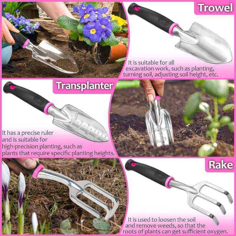 THINKWORK Pink Garden Tools, Gardening Gifts for Women, with 2 in 1 Detachable Storage Bag, Trowel, Transplanter, Rake, Weeder, Cultivator, Purning Shears and 3 Additional Protection Tools