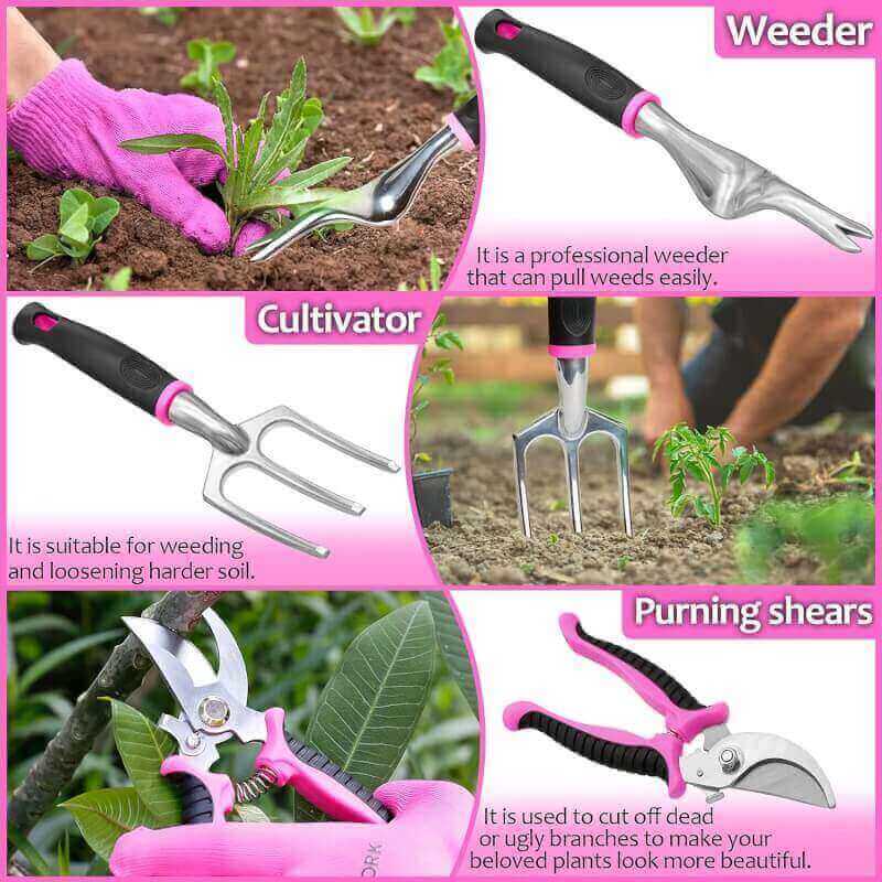 THINKWORK Pink Garden Tools, Gardening Gifts for Women, with 2 in 1 Detachable Storage Bag, Trowel, Transplanter, Rake, Weeder, Cultivator, Purning Shears and 3 Additional Protection Tools