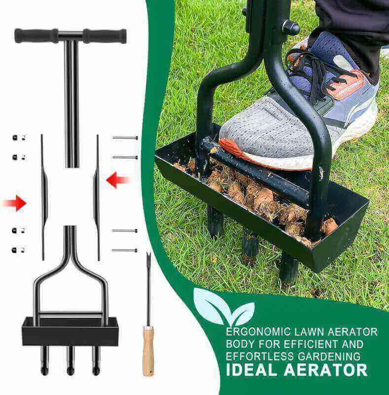 vanpein Lawn Aerator Coring Garden Tool with Soil Core Storage Tray, Manual Yard Plug Aerators  Clean Tool, Grass Aeration Gardening Tools with 3 Tines for Lawn Care, Compacted Soil, 37.6”