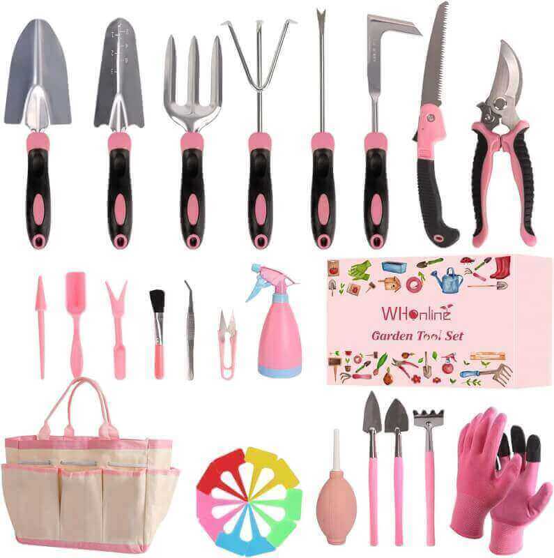 Whonline Pink Garden Tool Set for Women, 31Pcs Succulent Gardening Tool Kit, Heavy Duty Stainless Steel Aluminum Non-Slip Ergonomic Handle Tools Durable Storage Tote Bag Gardening Gifts