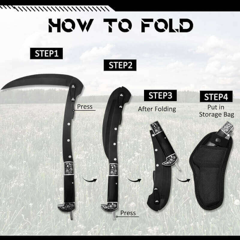 WILLBOND Black Sharp Folding Sickle Garden Tool Portable Safety Grass Hand Sickle Knife with Sheath Wooden Handle 2 Sections for Gardening Farming Lawn Grass Weeds Hand Tools