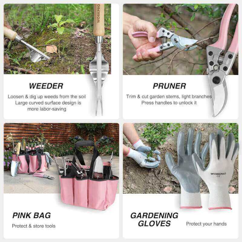WORKPRO Garden Tools Set, 7 Piece, Stainless Steel Heavy Duty Gardening Tools with Wooden Handle, Including Garden Tote, Gloves, Trowel, Hand Weeder, Cultivator and More-Gardening Gifts For Women Men