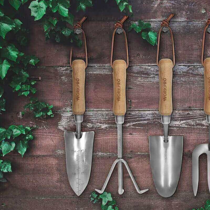 WORKPRO Garden Tools Set, 7 Piece, Stainless Steel Heavy Duty Gardening Tools with Wooden Handle, Including Garden Tote, Gloves, Trowel, Hand Weeder, Cultivator and More-Gardening Gifts For Women Men