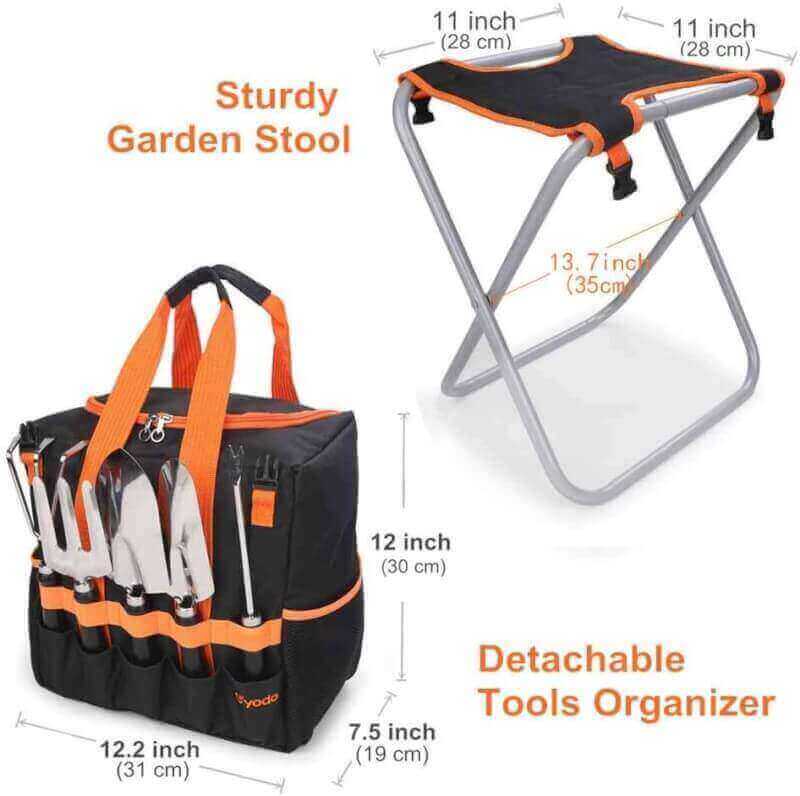 Yodo 7 Piece Garden Tools Set for Men  Women - Heavy Duty Folding Stool Tote Bag and Stainless Steel Gardening Tools Includes Trowel Rake Cultivator Weeder, Great Gift for Gardeners