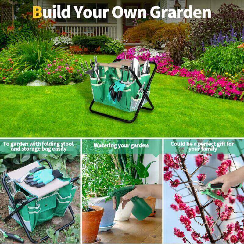 Yongkist 9 PCS All-in-one Garden Tools Set, Heavy Duty Cast-Aluminium Alloy Gardening Tools Kit with Folding Stool SeatDetachable Canvas Tool Bag , Non-Slip Rubber Grip, Outdoor Hand Tools