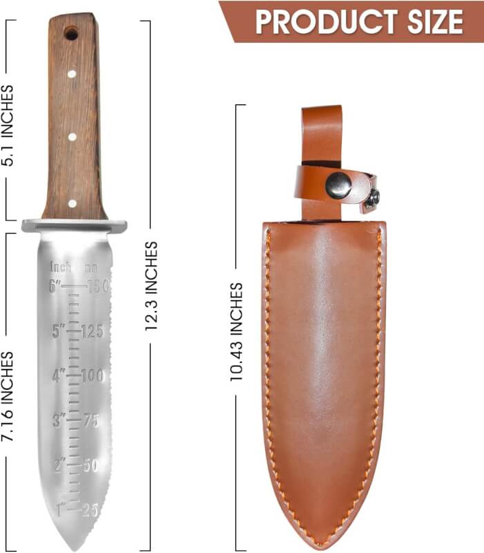 Cultivate Mechanix Multi-Purpose Hori Hori Knife, Gardening Tool, Leather Sheath, Garden Pruning, Weeding, Soil Digging,  Other Gardening Projects, Wooden Handle  Handguard for Protection