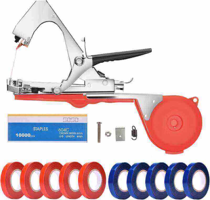 FUNTECK Plant Tying Machine to Tie Tomatoes Peppers and Cucumbers Quickly and Easily, Great for Gardeners Farmers, Including Spare Parts, Tapes and Staples, Red