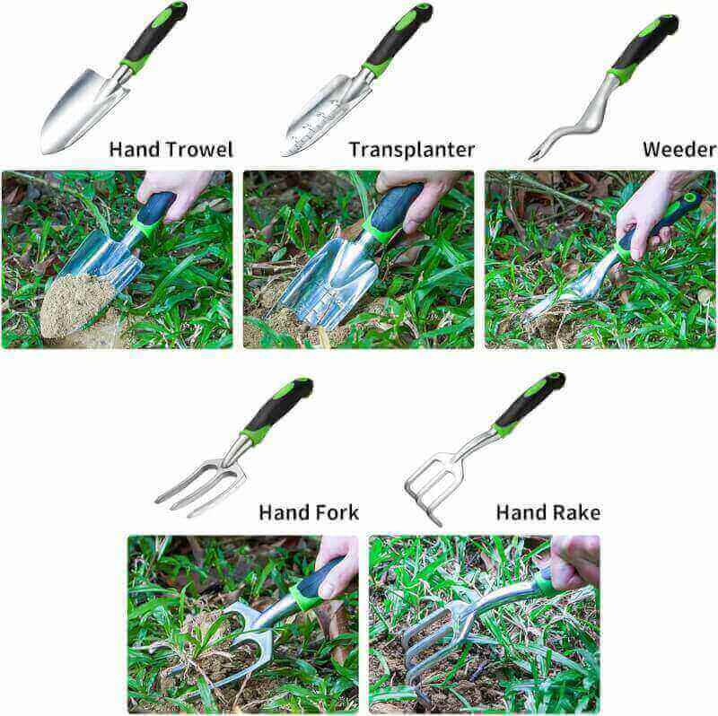 Garden Tool Set, 5-Piece Heavy Duty Cast-Aluminum Gardening Hand Tool with Soft Rubberized Non-Slip Ergonomic Handle for Digging, Planting, Transplanting, Aerating, Garden Gift Kit for for Men Women
