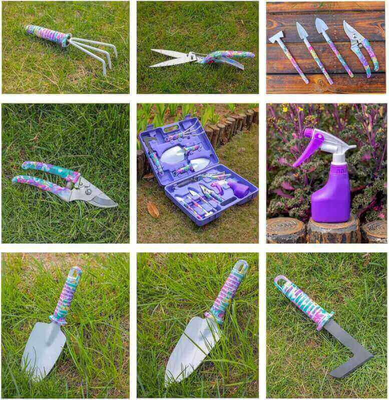 LEKEONE Gardening Tools Set, Unique Gardening Gifts for Women, Gardening Hand Tools with Purple Carrying Case, Gardening Kit for Home Gardening Flowers Potted Trim Loosing Planting Tools (10purple)