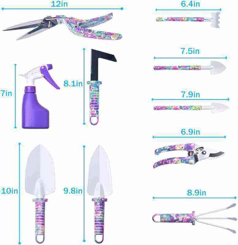 LEKEONE Gardening Tools Set, Unique Gardening Gifts for Women, Gardening Hand Tools with Purple Carrying Case, Gardening Kit for Home Gardening Flowers Potted Trim Loosing Planting Tools (10purple)