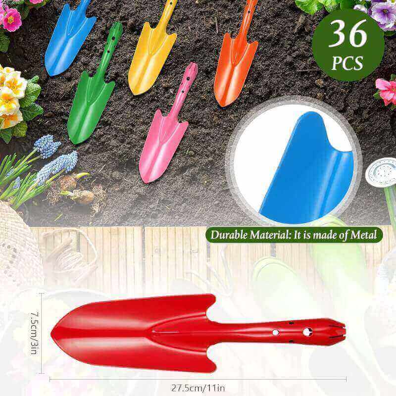 Mini Colorful Metal Hand Shovel Digging Trowel Set Transplanting Garden Shovel for Flower Soil Planting Succulent Kids Teens Women Men Gift Indoor Outdoor, 6 Colors (36 Pcs, 11 x 3 Inch)