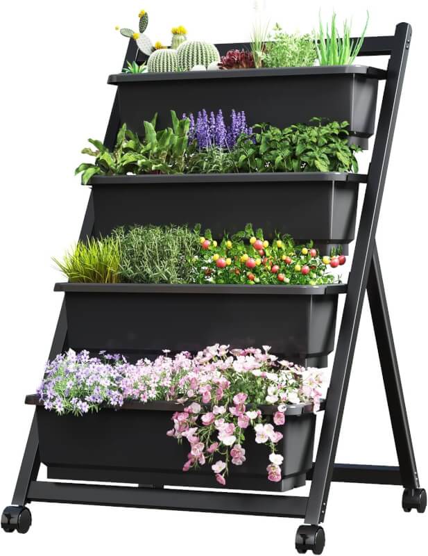 FLEXIMOUNTS Vertical Raised Garden Bed w/Wheels,4 Tiers Freestanding Vertical Garden Planters with Lockable Caster Wheels and 4 Drainage Boxes, fit to Grow Vegetables Flowers on Patio Balcony Garden