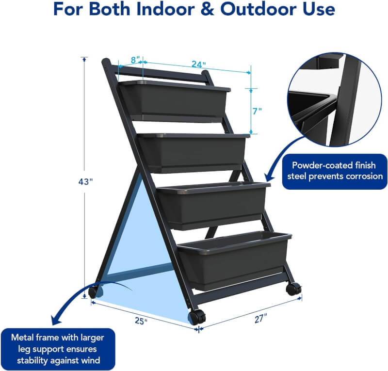 FLEXIMOUNTS Vertical Raised Garden Bed w/Wheels,4 Tiers Freestanding Vertical Garden Planters with Lockable Caster Wheels and 4 Drainage Boxes, fit to Grow Vegetables Flowers on Patio Balcony Garden