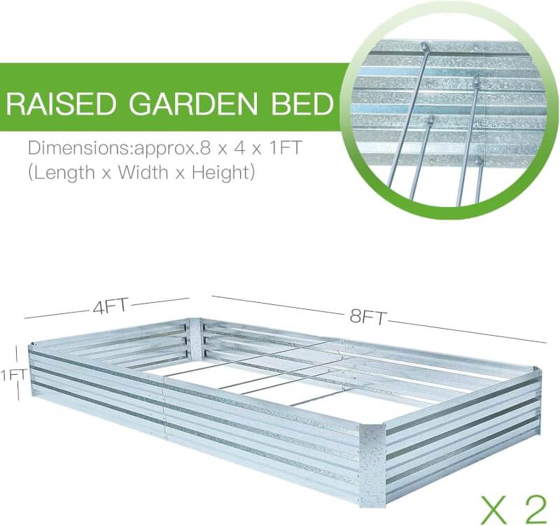 Galvanized Raised Garden Beds for Vegetables Large Metal Planter Box Steel Kit Flower Herb (8 x 4 x 1 ft * 2 Pack, Galvanized)