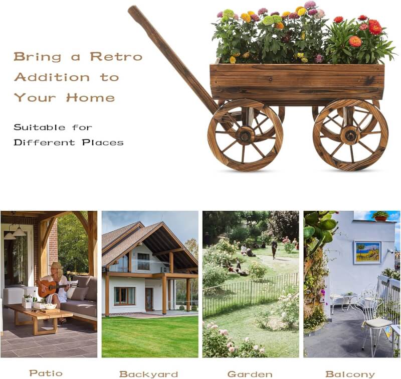 Garden Wagon Decor with Wheels Rustic Flower Pot,Planters Wagon Indoor Outdoor Backyard Balcony Decor