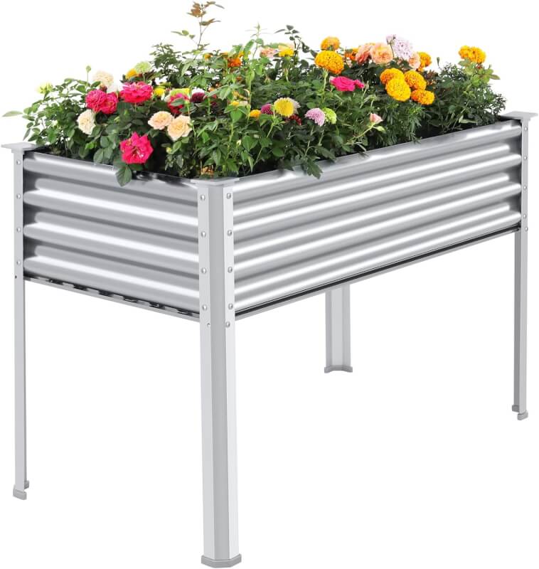 Land Guard Galvanized Raised Garden Bed with Legs, 48×24×32in Large Metal Elevated Raised Planter Box with Drainage Holes for Backyard, Patio, Balcony, 400lb Capacity