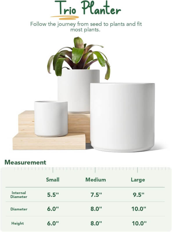 LE TAUCI Ceramic Plant Pots Indoor, 10 Inch 8 Inch 6 Inch Planters for Indoor Plants, Mid-Century Modern Flower Pots with Drainage Hole and Plug, Cylinder Round Planter Pots, Set of 3, White
