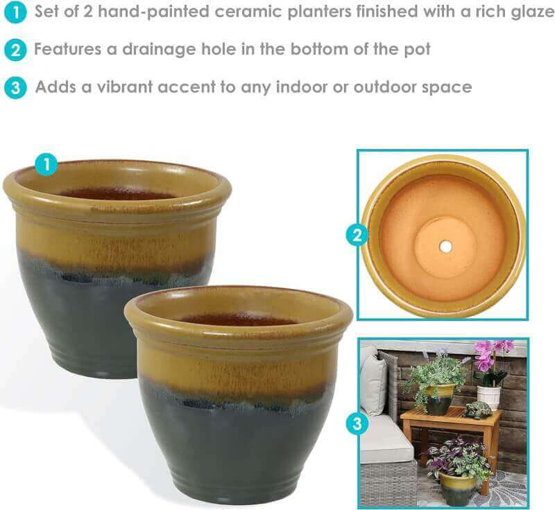 sunnydaze studio ceramic flower pot planter with drainage holes set of 2 high fired glazed uv and frost resistant finish 2