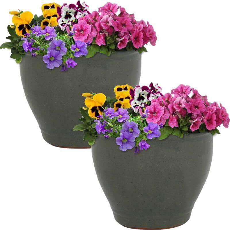 Sunnydaze Studio Ceramic Flower Pot Planter with Drainage Holes - Set of 2 - High-Fired Glazed UV and Frost-Resistant Finish - Outdoor/Indoor Use - Gray - 9-Inch