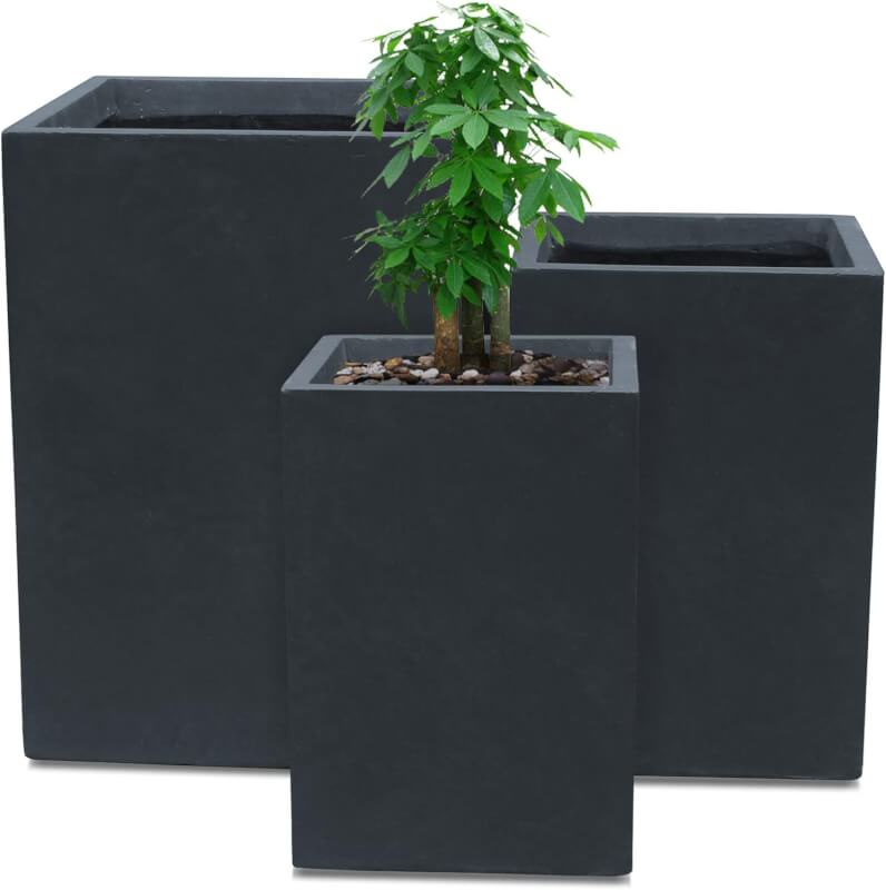 Kante 18.5,15.7,12.6 H Tall Rectangular Concrete Planters Set of 3, Outdoor Indoor Lightweight Plant Pots with Drainage Hole and Rubber Plug, Modern Style for Home Garden Patio, Charcoal