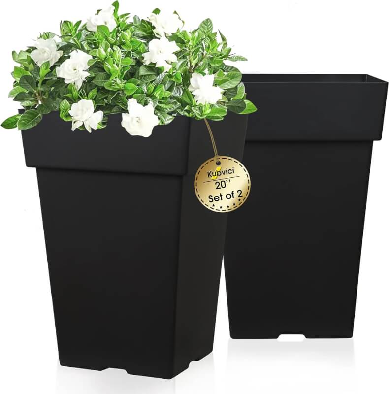 kubvici 20 Inch Tall Planters for Outdoor Indoor Plants, Set of 2 Large Plastic Plant Pots Flower Pot Outdoor Planter for Front Porch Door Balcony Deck with Drainage, with Removable Wheel, Black 20