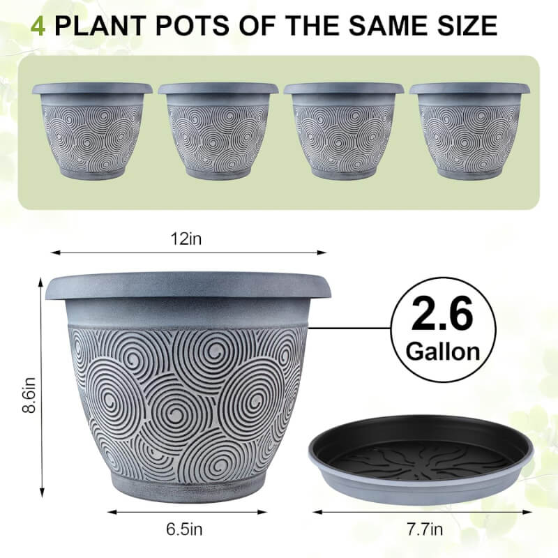 Plastic Flower Pots Planters for Indoor Plants, 4 Pack 16 Inch White Plant Pots with Drainage Hole  Tray, Modern Decorative Large Plant Pot with Saucer for Indoor Outdoor Plants Garden House Planter
