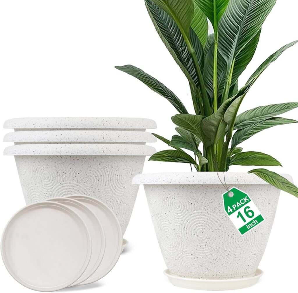 plastic flower pots planters for indoor plants 4 pack 16 inch white plant pots with drainage hole tray modern decorative
