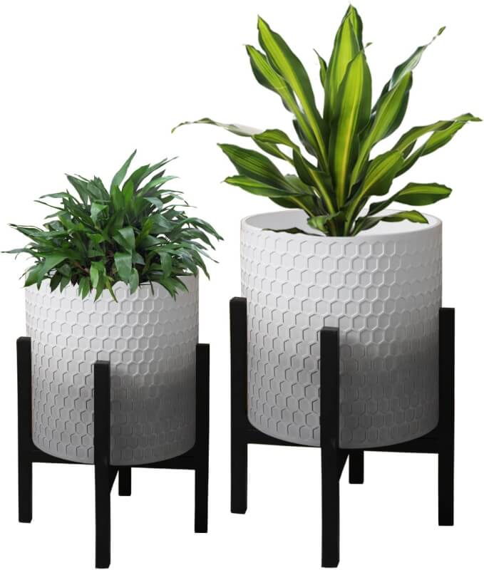 Plant Pot with Stand 10  12 Inches, Decorative Honeycomb Gradient Planter with Holder, Indoor Outdoor Flower Pots with Drainage Holes, Modern Garden Pot for Snake Plant, Monstera, Houseplants