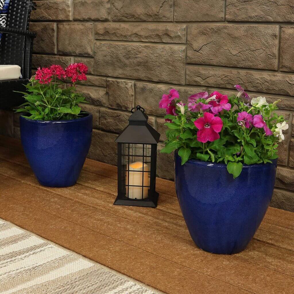sunnydaze resort 10 inch ceramic indooroutdoor planter set of 2 uv and frost resistant imperial blue glazed finish 1