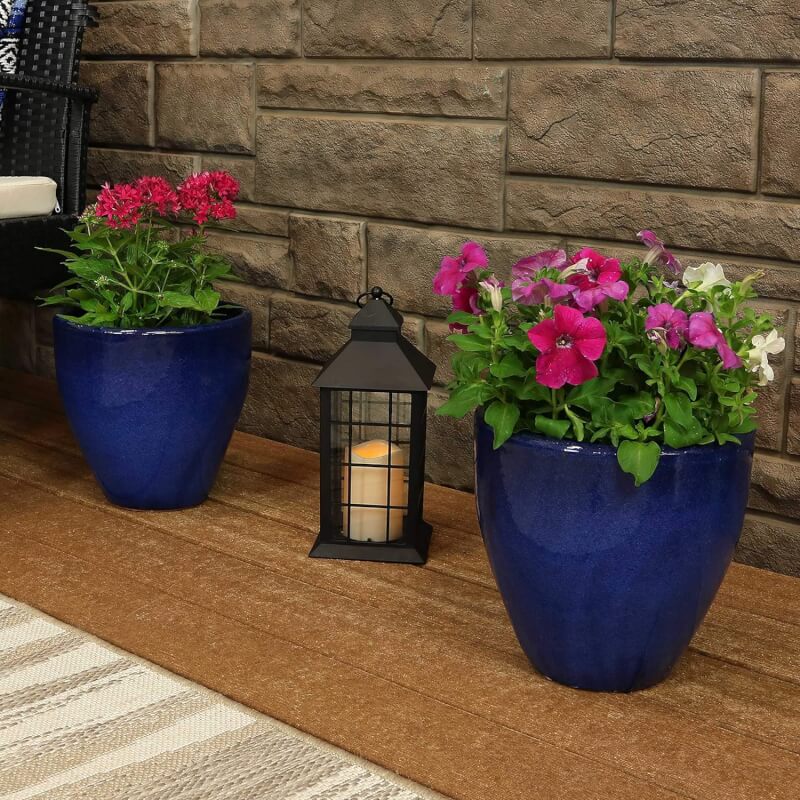sunnydaze resort 10 inch ceramic indooroutdoor planter set of 2 uv and frost resistant imperial blue glazed finish 1