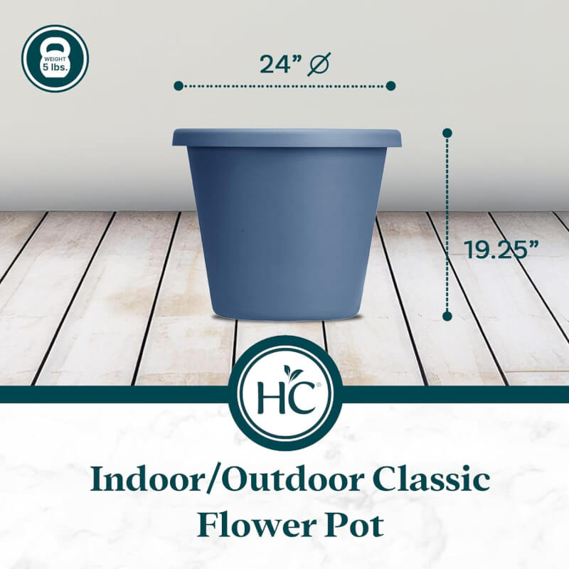 The HC Companies 24 Inch Round Classic Planter - Large Plastic Plant Pot for Indoor Outdoor Plants Flowers Herbs, Slate Blue