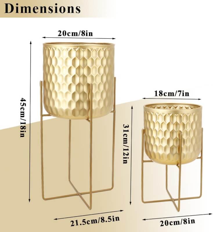 TRIROCKS Set of 2 Planters With Stand Indoor Otdoor Metal Plant Stand 8*18 7*12 Modern Planters Flower Pots For Living Room Corner Kitchen Office Garden Balcony Patio Decor(Gold)