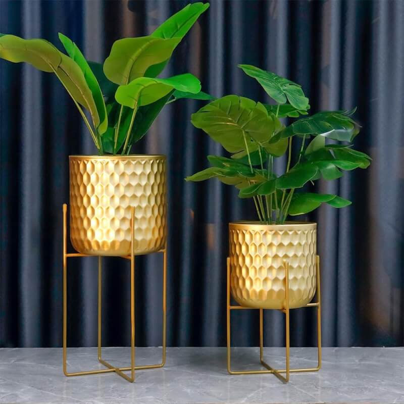 TRIROCKS Set of 2 Planters With Stand Indoor Otdoor Metal Plant Stand 8*18 7*12 Modern Planters Flower Pots For Living Room Corner Kitchen Office Garden Balcony Patio Decor(Gold)