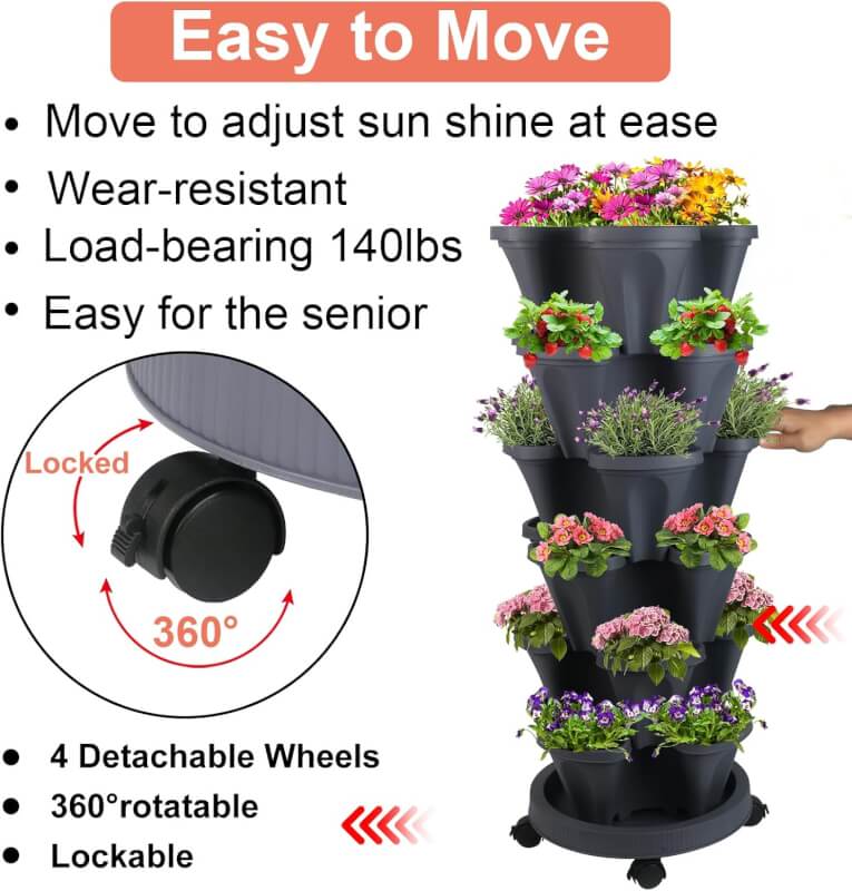 Vertical Planter 7 Tier Stackable Planters Garden Planters Strawberry Herb Flower and Vegetable Planter Indoor Outdoor Gardening Pots with Removable Wheels and Tools 2-Pack