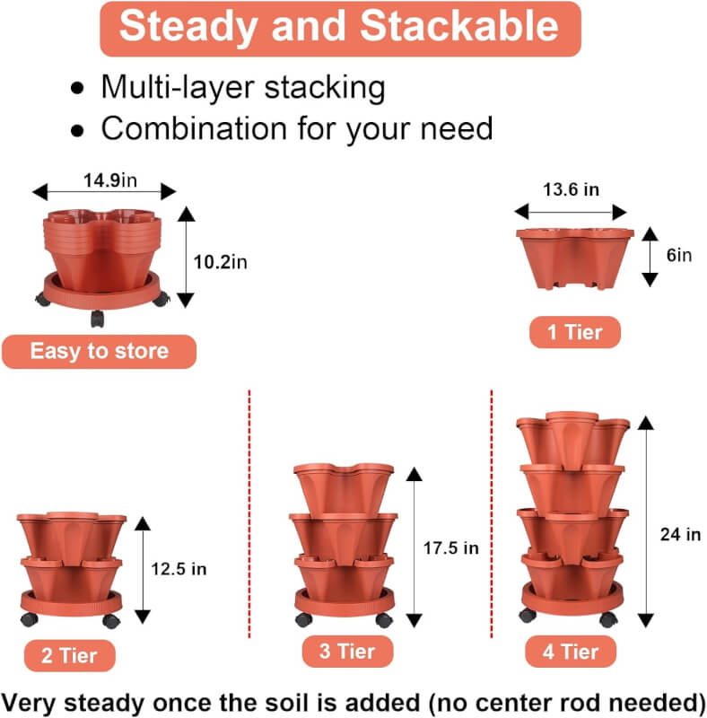 Vertical Planter 7 Tier Stackable Planters Garden Planters Strawberry Herb Flower and Vegetable Planter Indoor Outdoor Gardening Pots with Removable Wheels and Tools 2-Pack