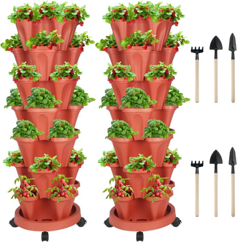 Vertical Planter 7 Tier Stackable Planters Garden Planters Strawberry Herb Flower and Vegetable Planter Indoor Outdoor Gardening Pots with Removable Wheels and Tools 2-Pack