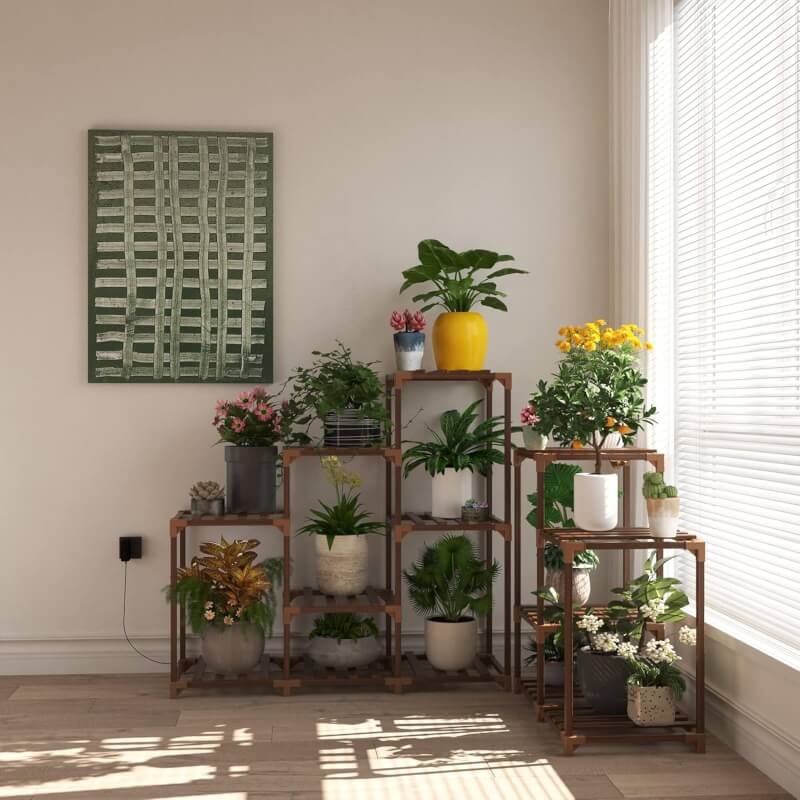 wood plant stand with grow lights indoor plants outdoor corner plant shelf flower stands for living room balcony garden 1 2