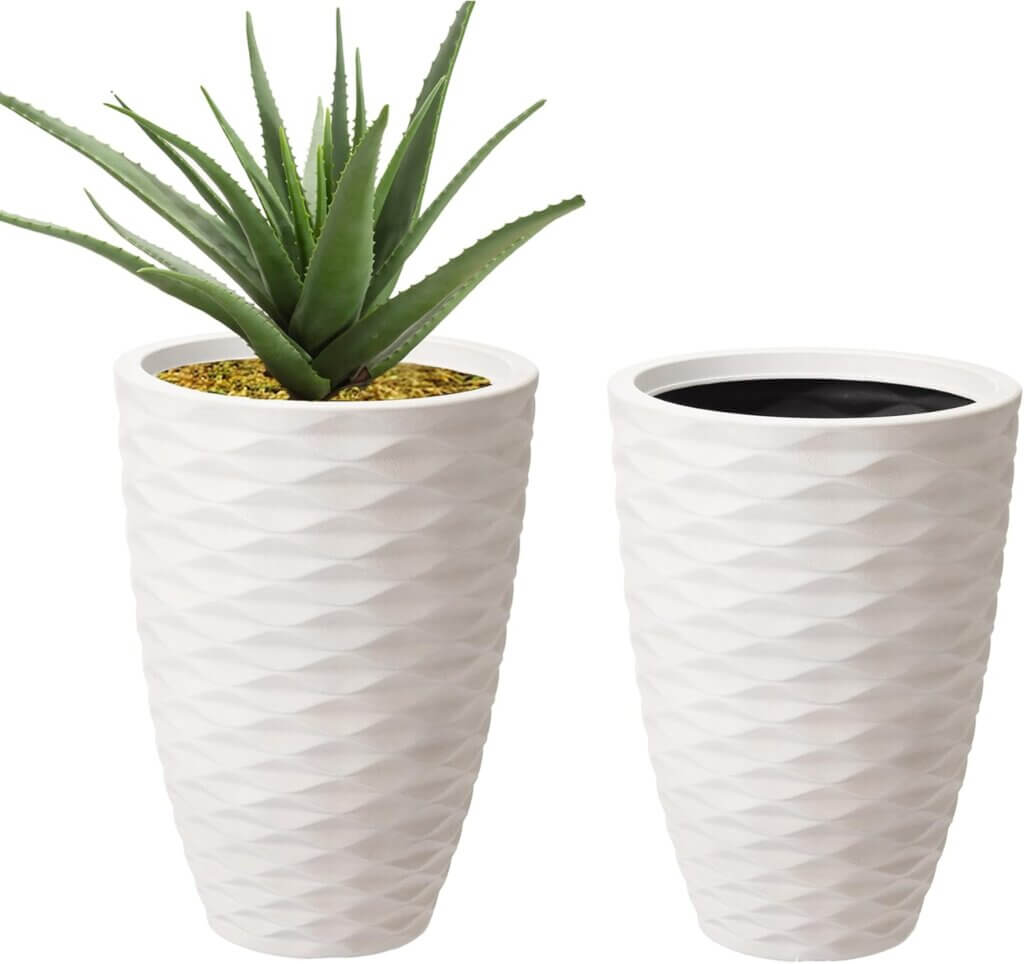 glitzhome set of 2 tall planter pot19 h oversized faux ceramic wave textured round white tall planter with drainage hole