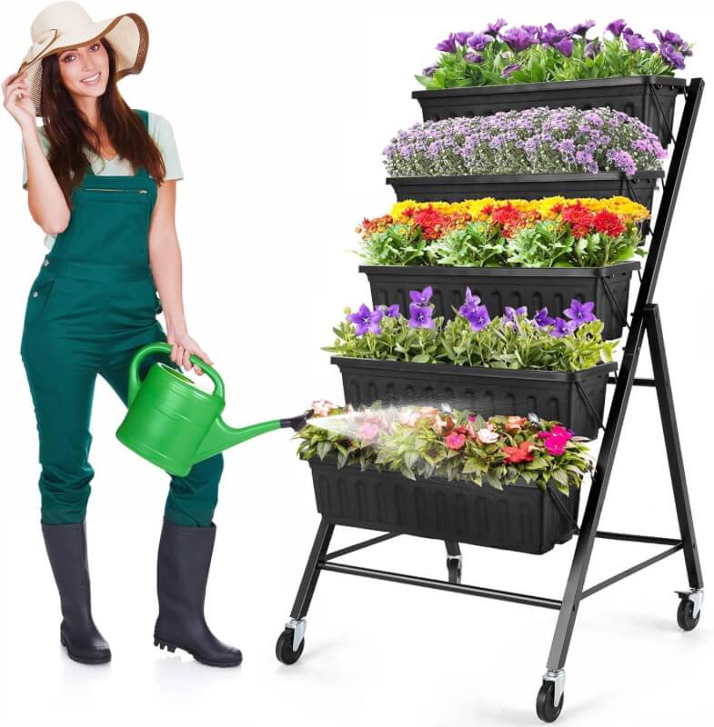 Homdox 4FT Vertical Garden Bed, 5 Tiers Vertical Raised Garden Planter, 25.6 * 26 * 48Inch Garden Raised Bed with 4 Hooks  4 Wheels, Vegetable Flower Planter Raised Stand for Garden Patio Yard, Black