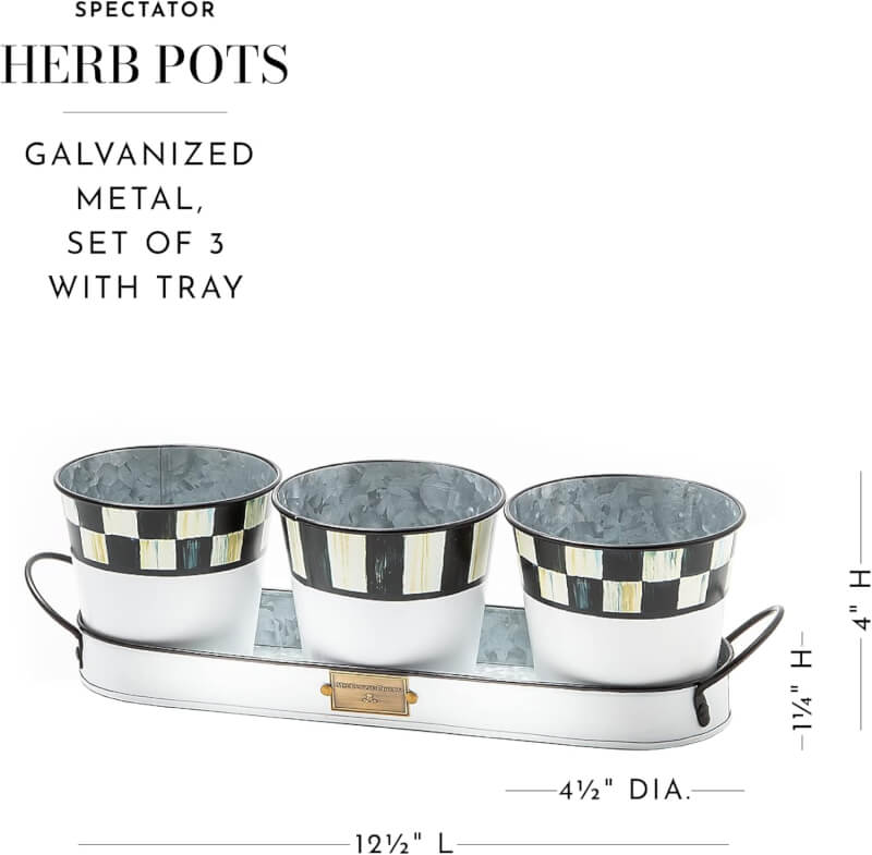 MACKENZIE-CHILDS Galvanized Herb Pots with Tray, Herb Planters, Set of 3, Spectator