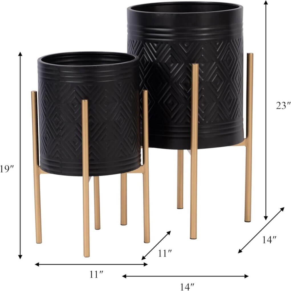 sagebrook home set of 2 dot dash plant pots on metal stands for indoors or outdoors black and black 14 l x 14 w x 23 h i 1