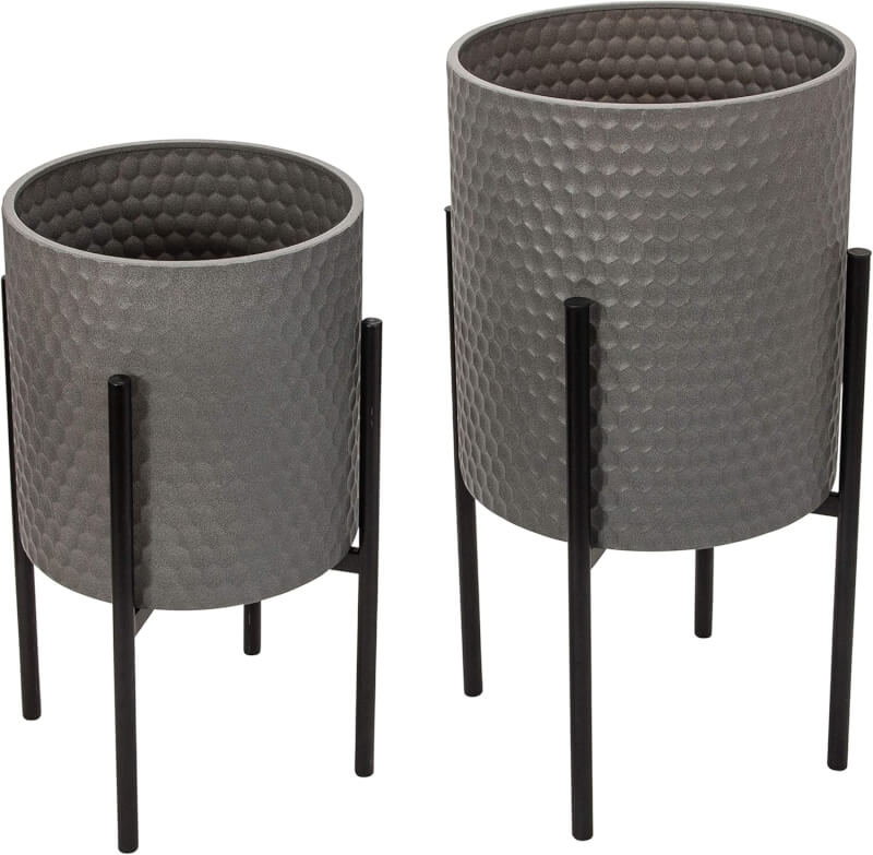 Sagebrook Home Set of 2 Dot Dash Plant Pots on Metal Stands for Indoors or Outdoors, Black and Black, 14 L x 14 W x 23 H Inches