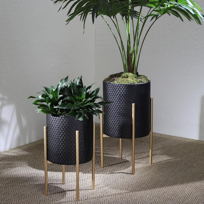 Sagebrook Home Set of 2 Dot Dash Plant Pots on Metal Stands for Indoors or Outdoors, Black and Black, 14 L x 14 W x 23 H Inches