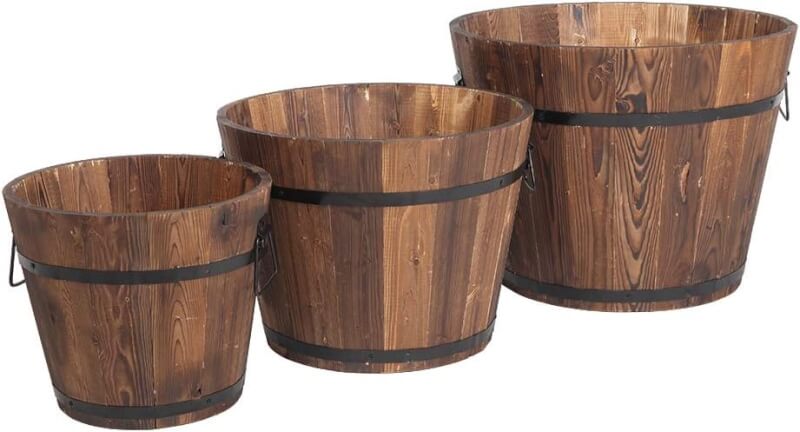 3 pcs wooden planter barrel set outdoor flower pots with handle drainage holes rustic whiskey barrel planter for plants