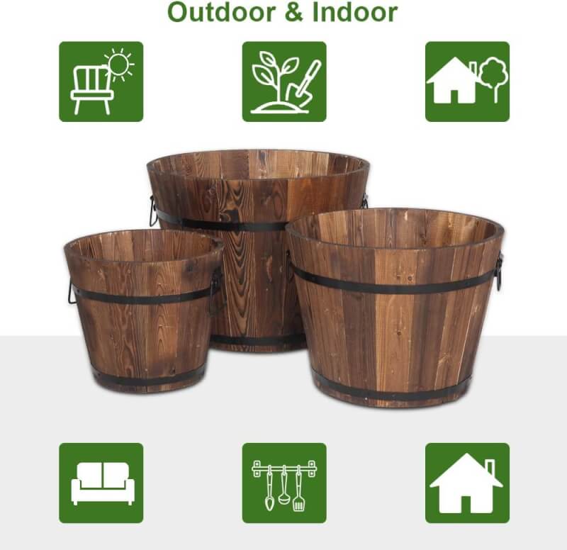 3 Pcs Wooden Planter Barrel Set, Outdoor Flower Pots with Handle  Drainage Holes, Rustic Whiskey Barrel Planter for Plants, Herbs, Veggies, Indoor Outdoor Use