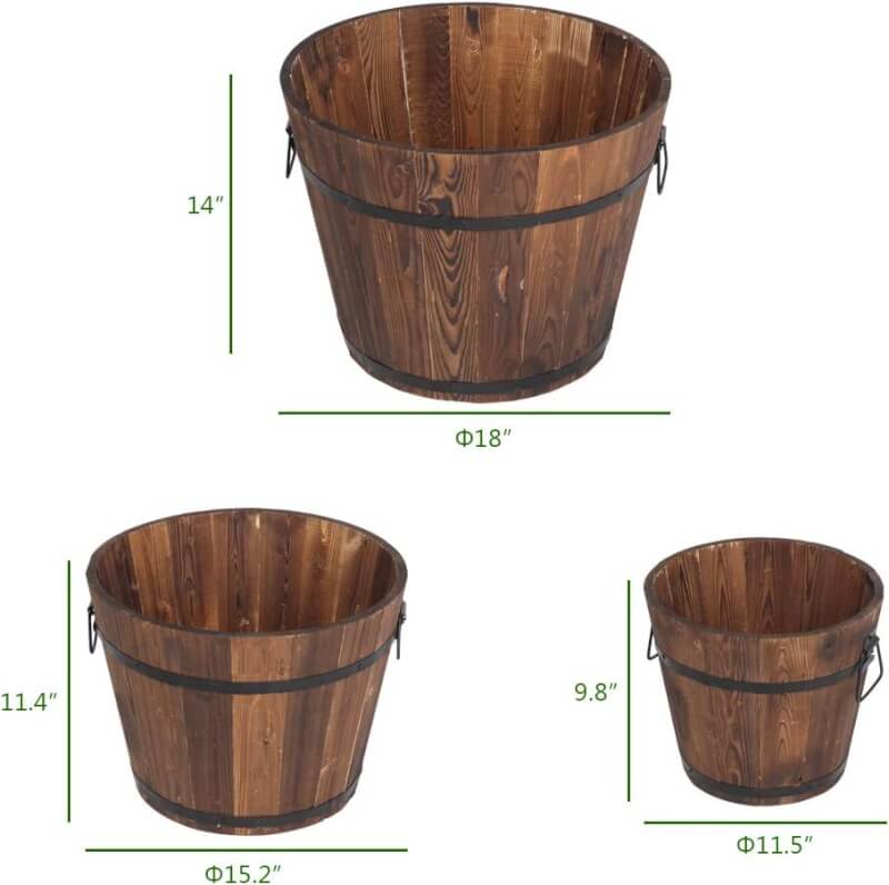 3 Pcs Wooden Planter Barrel Set, Outdoor Flower Pots with Handle  Drainage Holes, Rustic Whiskey Barrel Planter for Plants, Herbs, Veggies, Indoor Outdoor Use